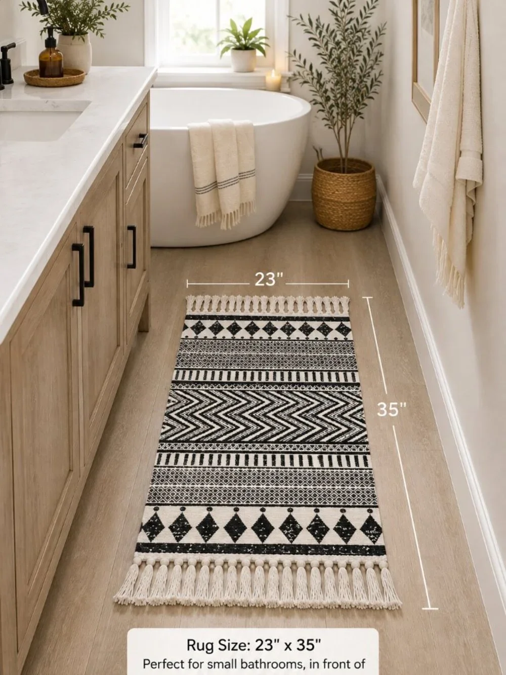 Boho Geometric Area Rug 23x35 Black Cream Tassel Farmhouse Accent Rug
